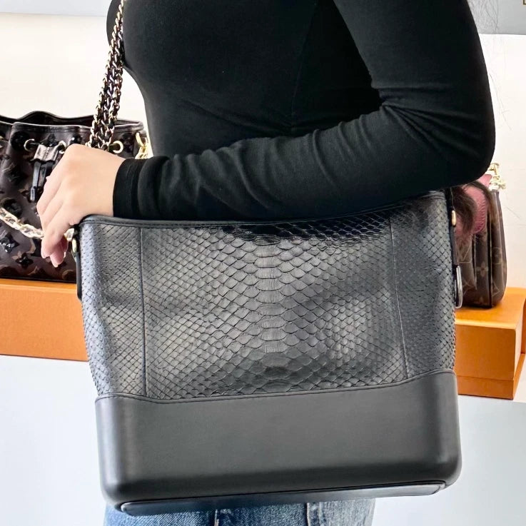 Chanel Snakeskin MM Chain Shoulder Crossbody Bag Black Gold Women S