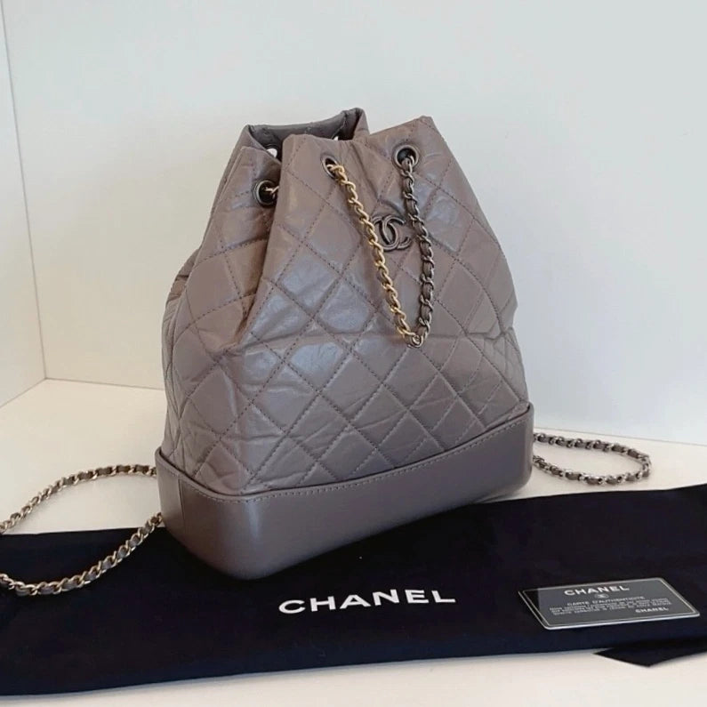 Chanel Gabrielle MM Chain Backpack Shoulder Bag Gray Gold Women Classic