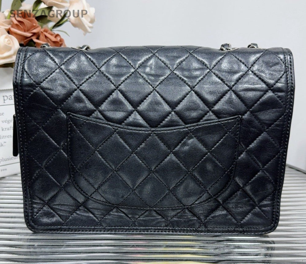 Chanel Classic Flap Lambskin Chain Shoulder Bag Black Silver Women Diamond