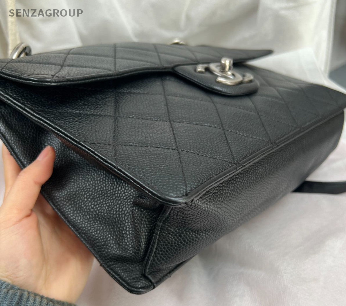 Chanel Diamond Calfskin Chain Shoulder Bag Black Silver Women Classic