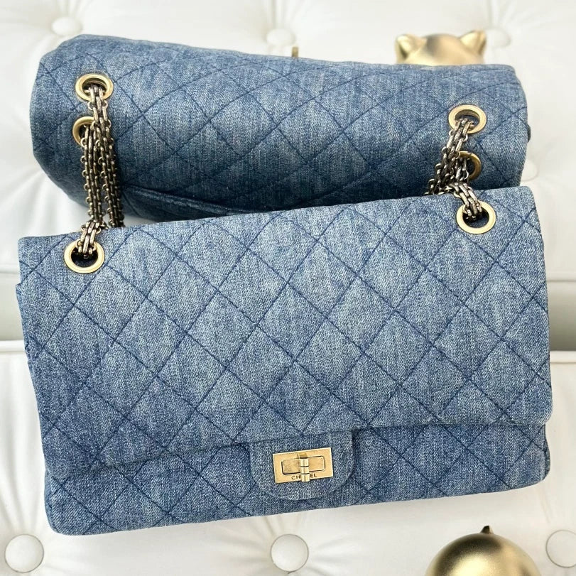 Chanel Denim Diamond Chain Shoulder Crossbody Bag Blue Gold Women S