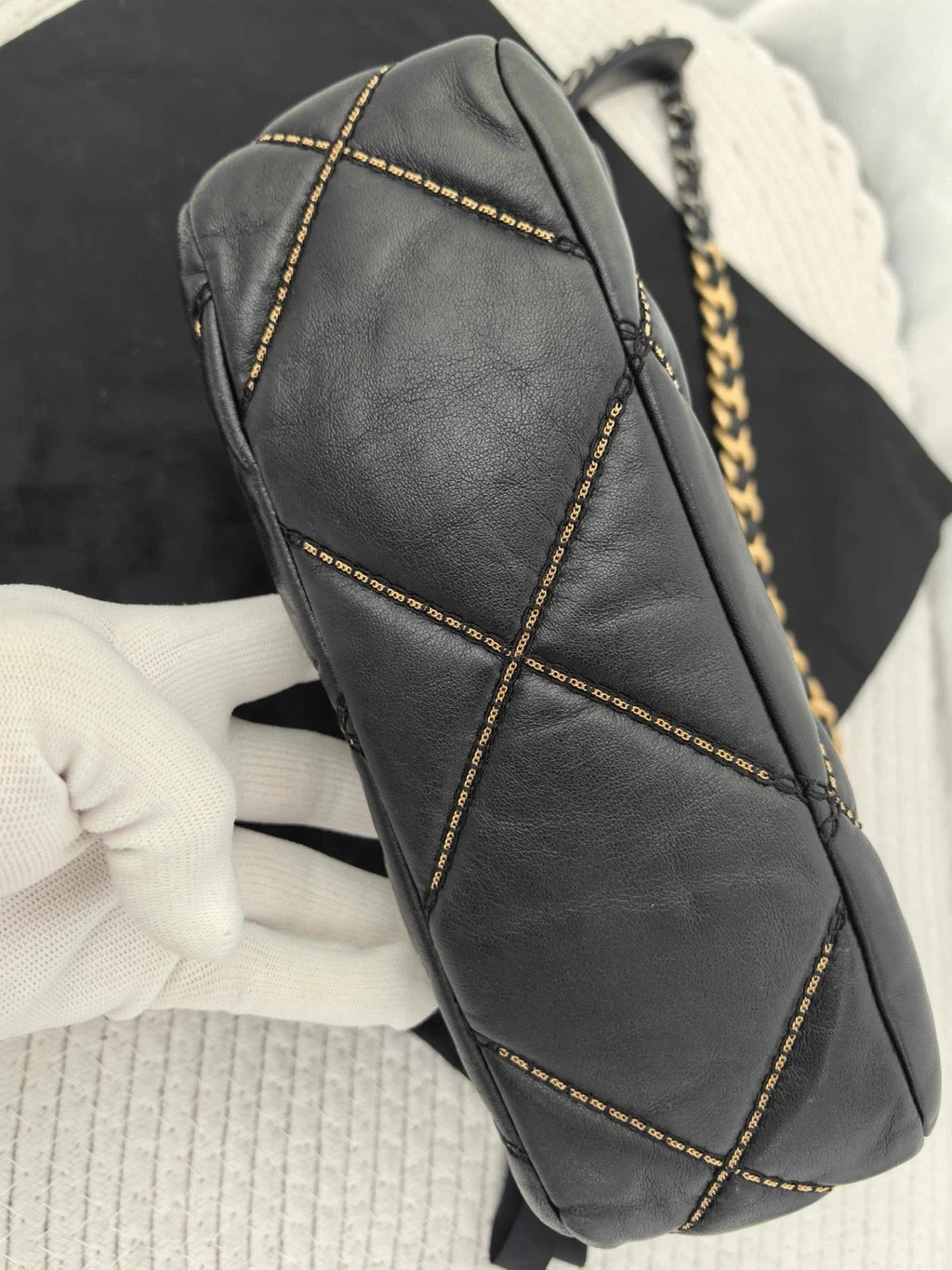 Chanel 19 Bag Crossbody Bag Lambskin Black Gold Diamond Women Classic