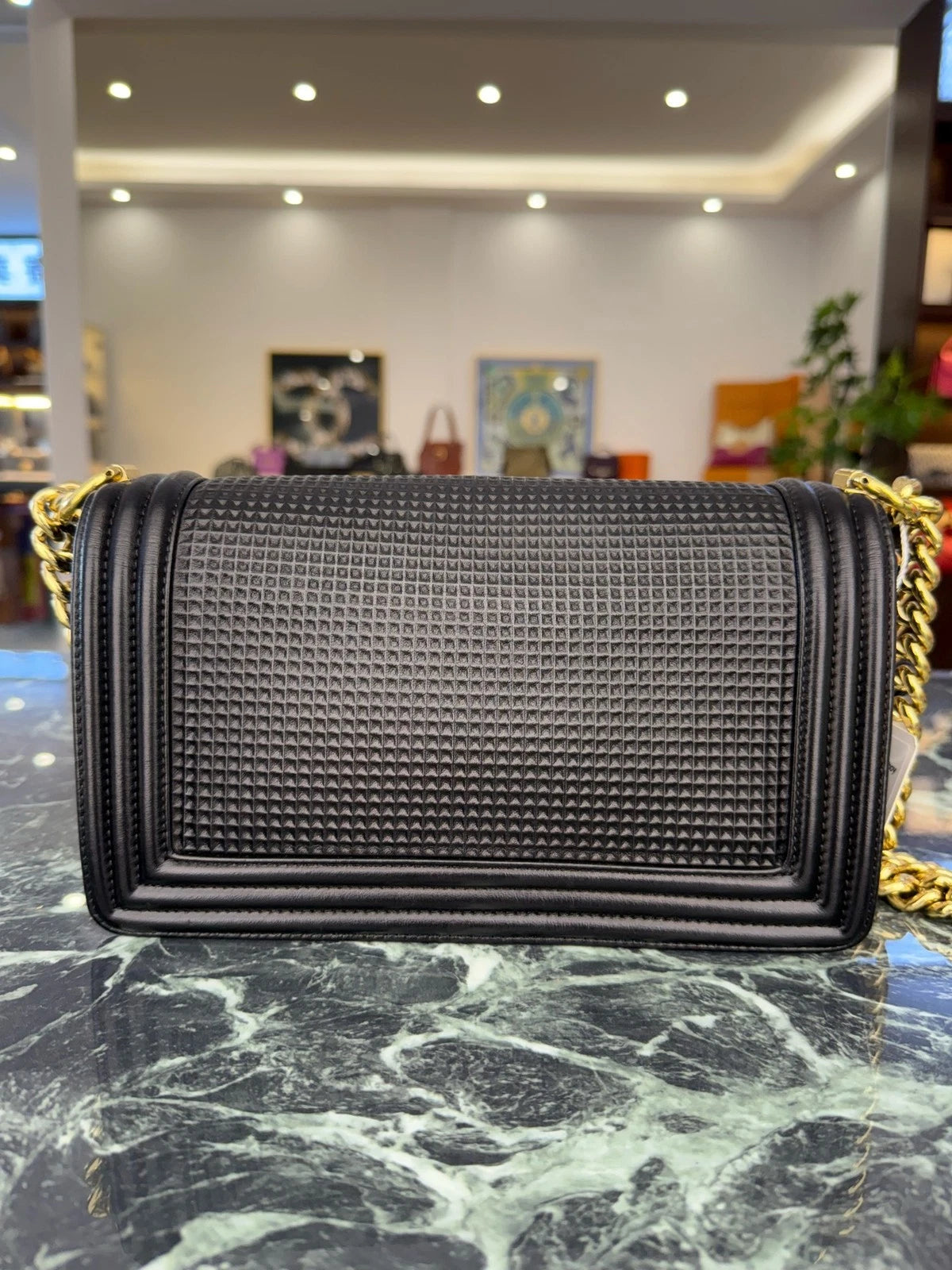 CHANEL Calfskin Waffle Black Gold Leboy Shoulder Bag Women