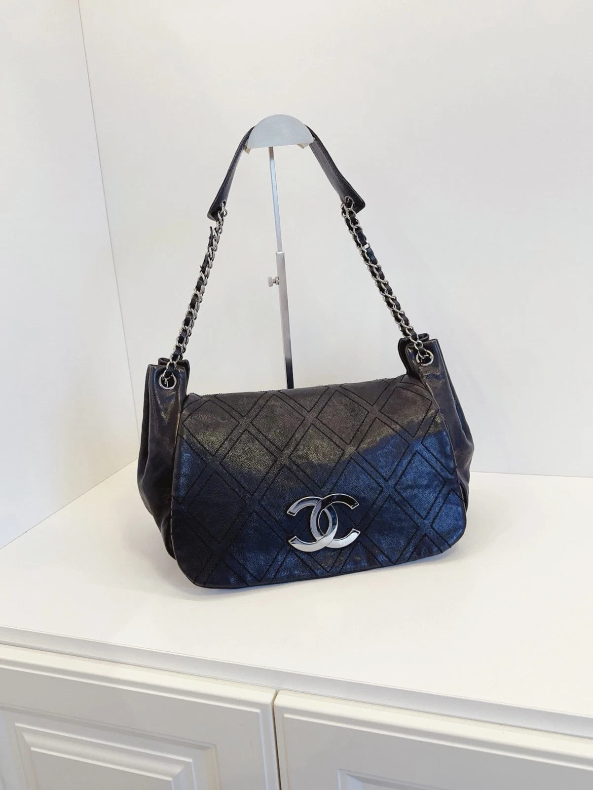 Chanel Airport Series Hobo Flap Shoulder Bag Black Silver