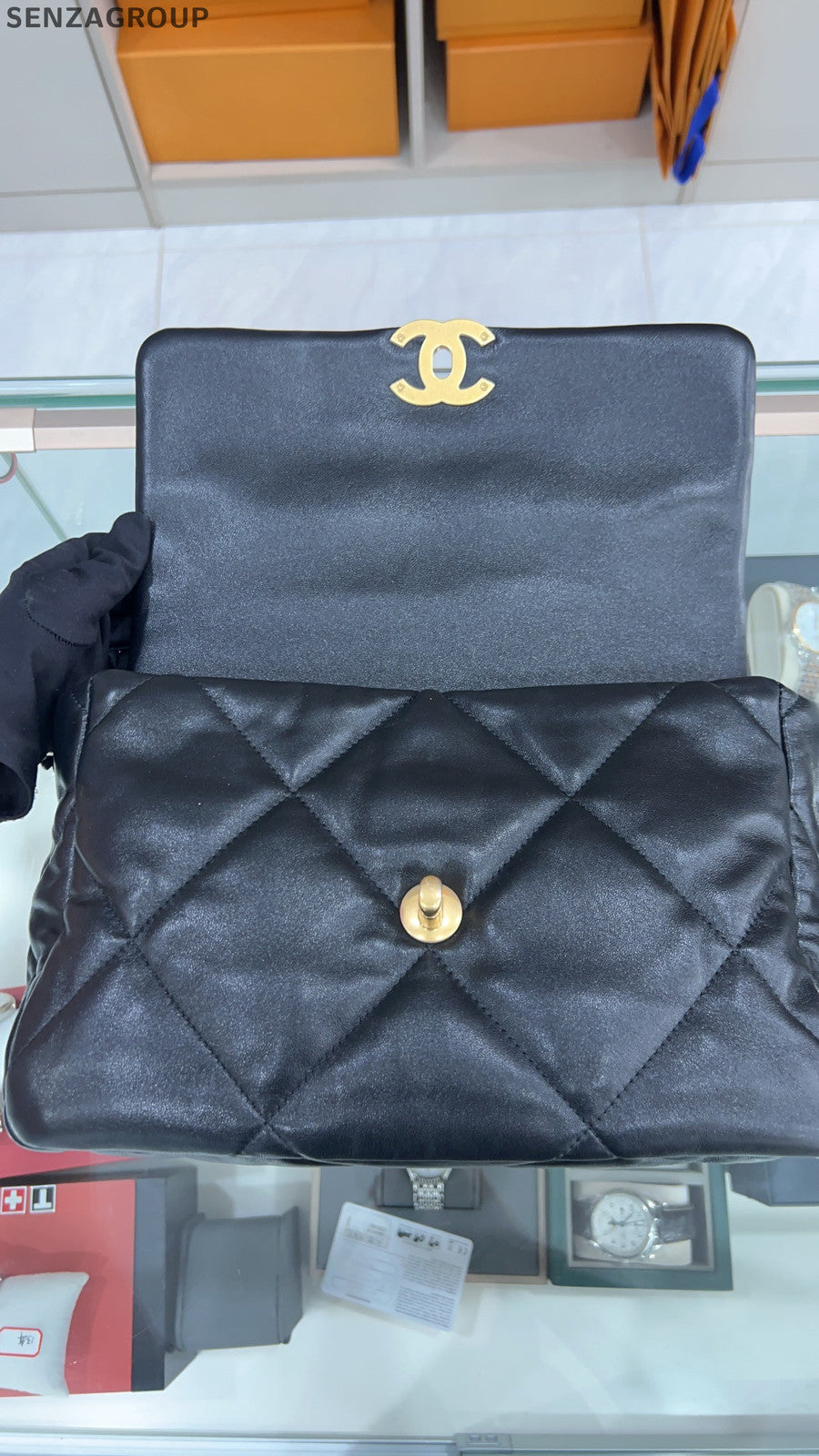 Chanel 19 Medium Black Lambskin Gold Chain Shoulder Bag Classic Women
