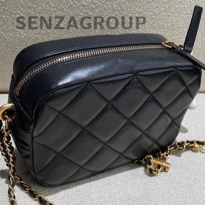 Chanel Quilted Caviar Camera Bag with Pearl Chain Black Gold Crossbody