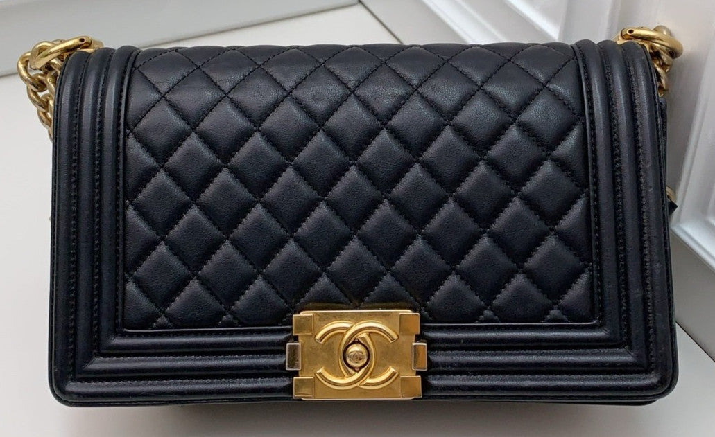 Chanel Leboy Calfskin Chain Shoulder Bag Black Gold Women Classic Diamond