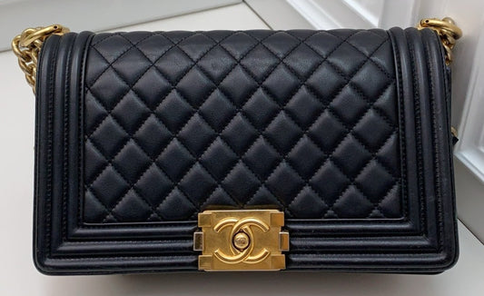Chanel Leboy Calfskin Chain Shoulder Bag Black Gold Women Classic Diamond