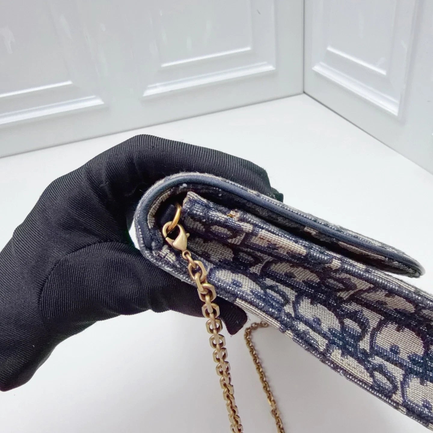 Christian Dior Oblique Canvas WOC Gold Chain Navy Shoulder Bag Crossbody