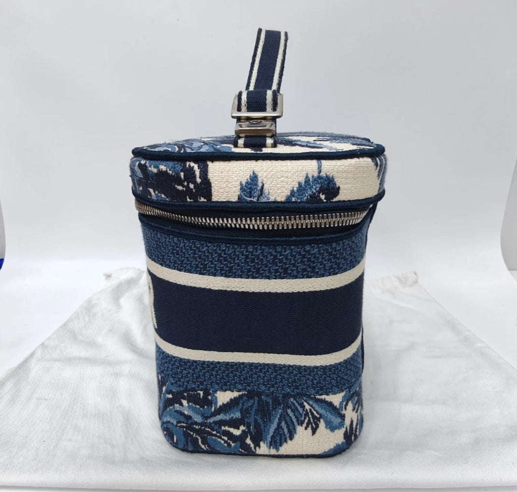 Christian Dior Travel Vanity Case Canvas Top Handle Bag Blue Silver Women