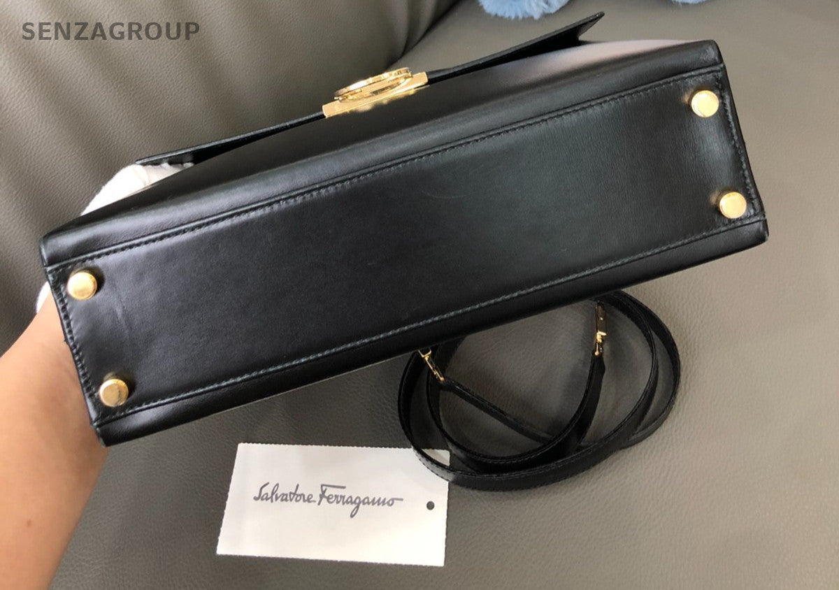 Salvatore Ferragamo Top Handle 2way Shoulder Handbag Black Gold Women