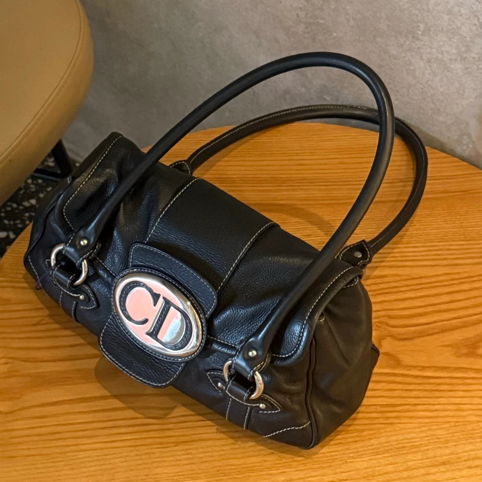 Christian Dior Calfskin PM Shoulder Bag Black Silver Hardware Women Classic