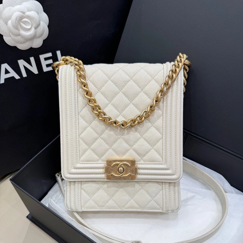 CHANEL White Leather Leboy Shoulder Crossbody Bag For Women
