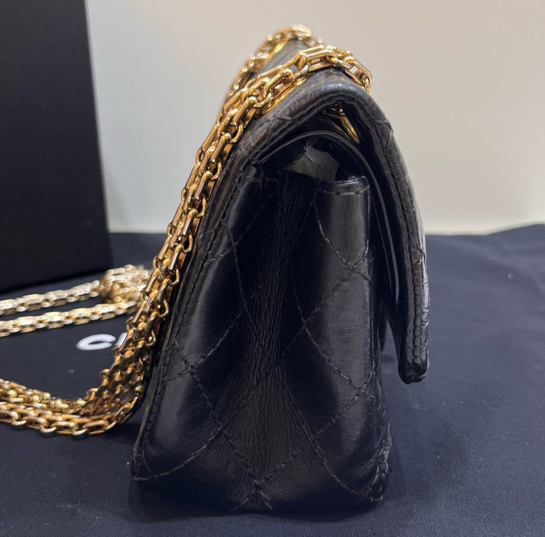 Chanel Calfskin 2.55 Mini Chain Shoulder Bag Black Gold Women Classic Diamond