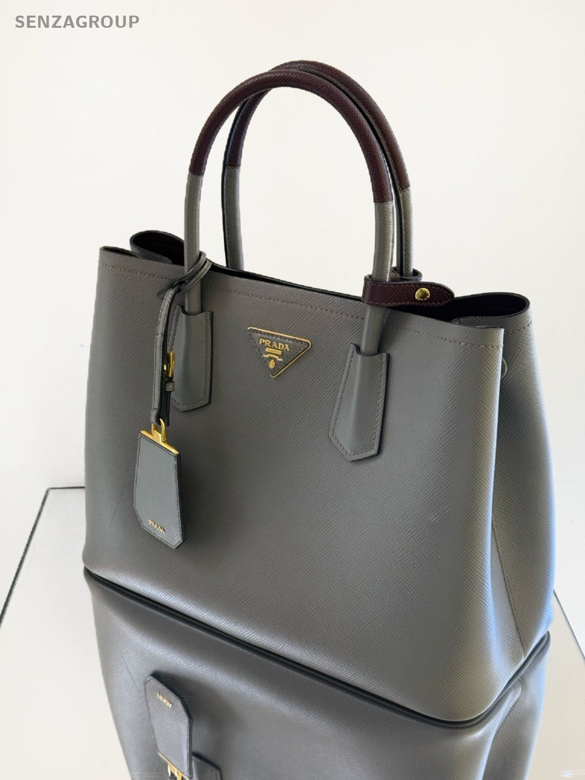 Prada Double Classic Cross-Grain Calfskin Top Handle Shoulder Crossbody Bag Gray