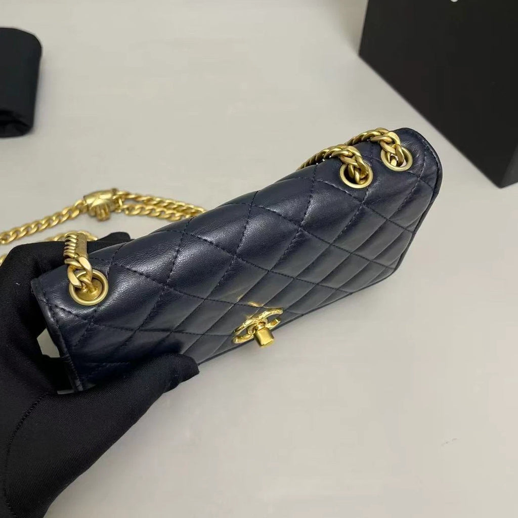 Chanel WOC Diamond Chain Shoulder Bag Crossbody Blue Gold Women Classic