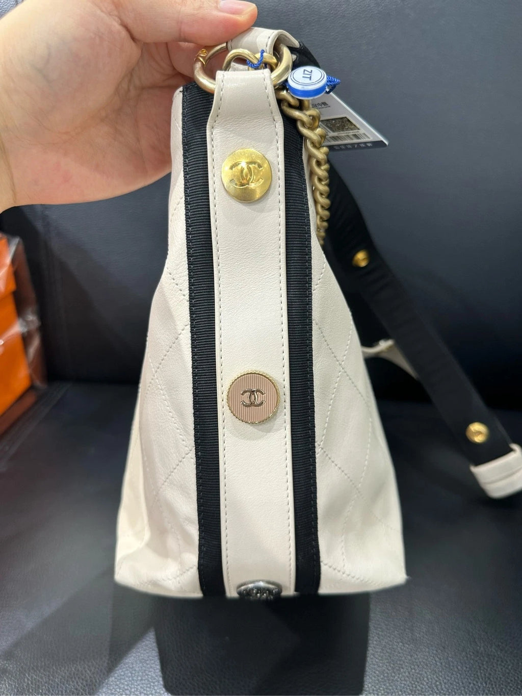 Authentic CHANEL Canvas Emblem Hobo Shoulder Bag Beige For Women