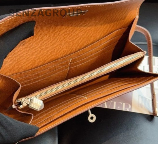 Hermes Kelly Epsom Leather Long Wallet Brown Silver Used Women Classic