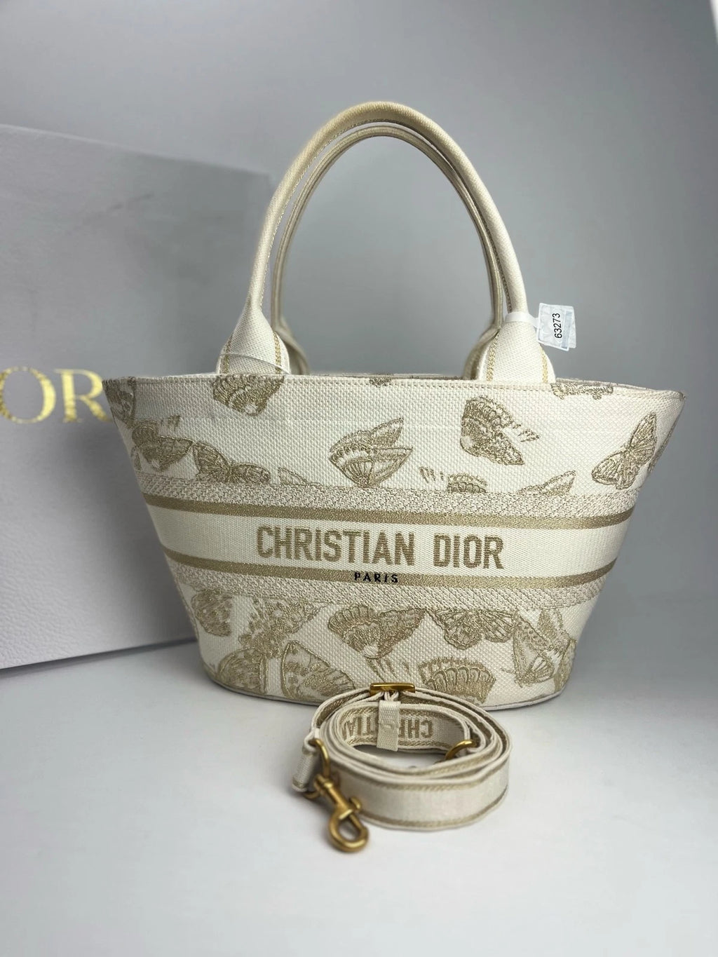 Dior Butterfly Embroidered White Gold Bucket Bag For Women
