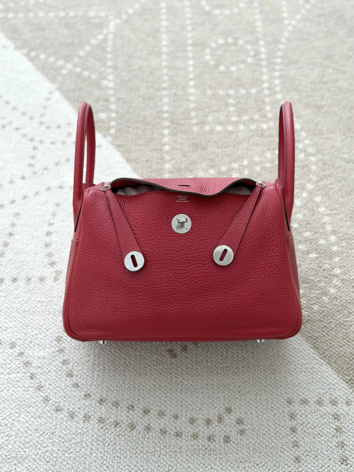 Hermes Lindy30 TC Leather Top Handle Shoulder Bag Red Silver Women Classic