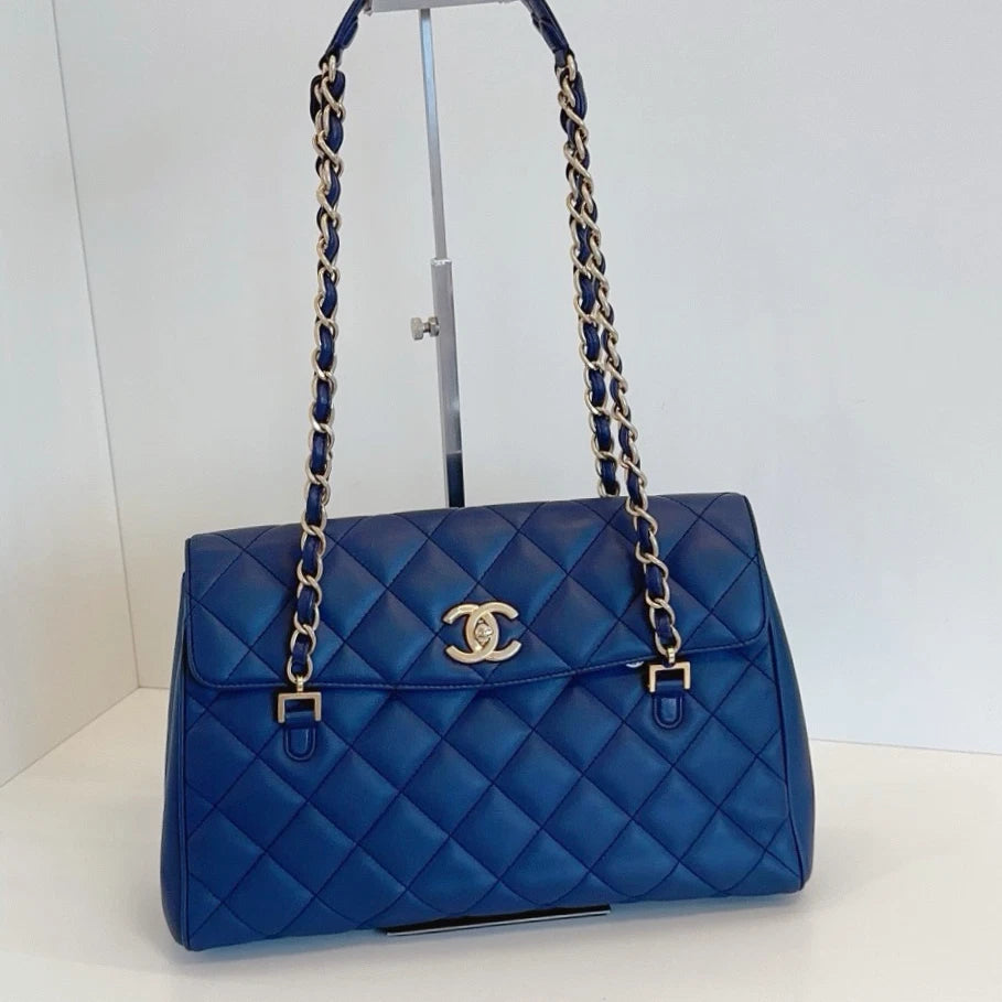 Chanel Diamond Tote Chain Shoulder Bag Blue Gold Used Women Classic