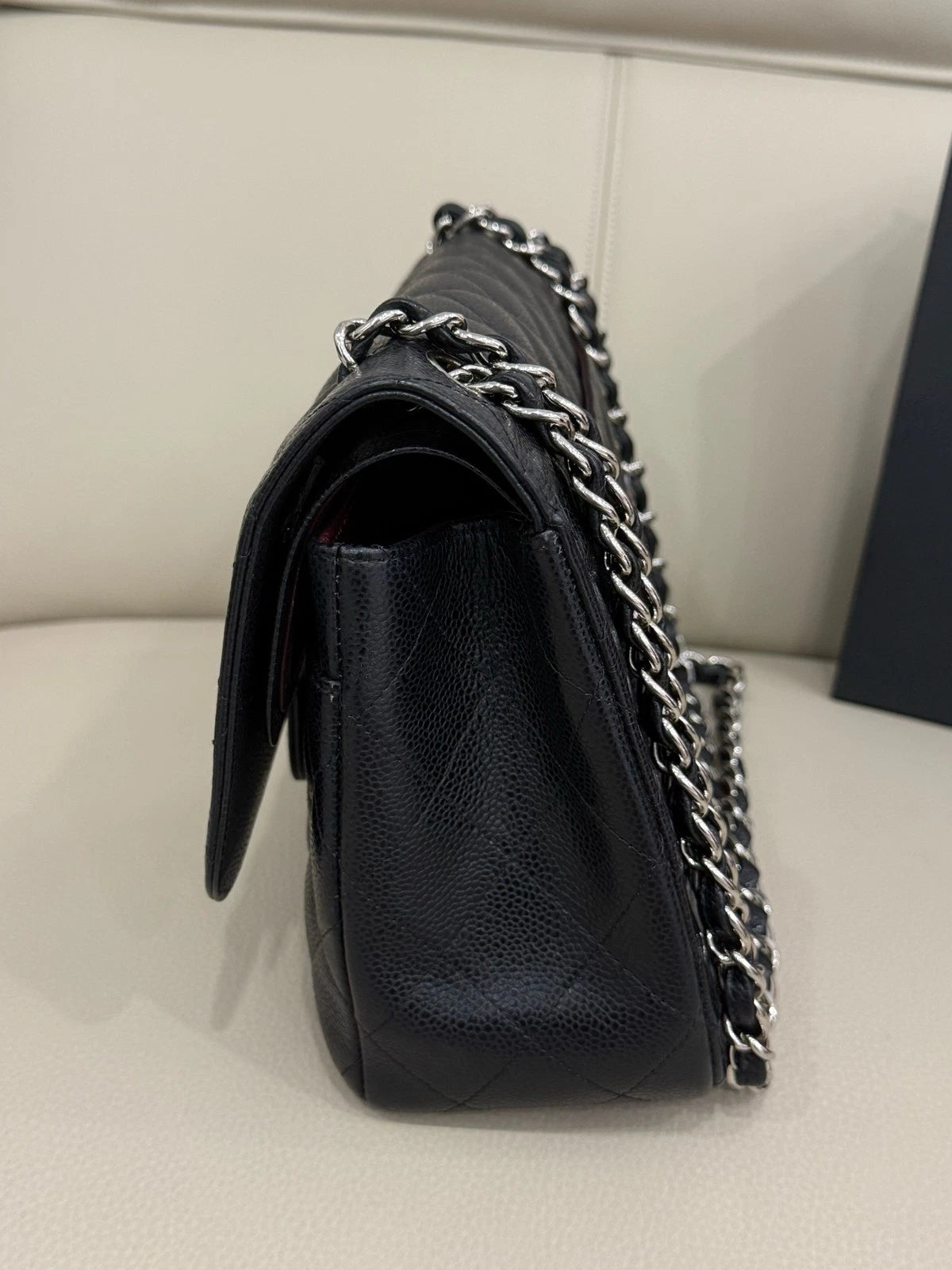 CHANEL CF Maxi Double Flap Black Silver Grained Leather Chain Bag For Women
