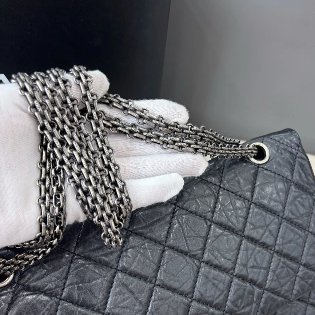 Authentic Chanel 2.55 Maxi Black Quilted Flap Chain Silver Hardware Excellent