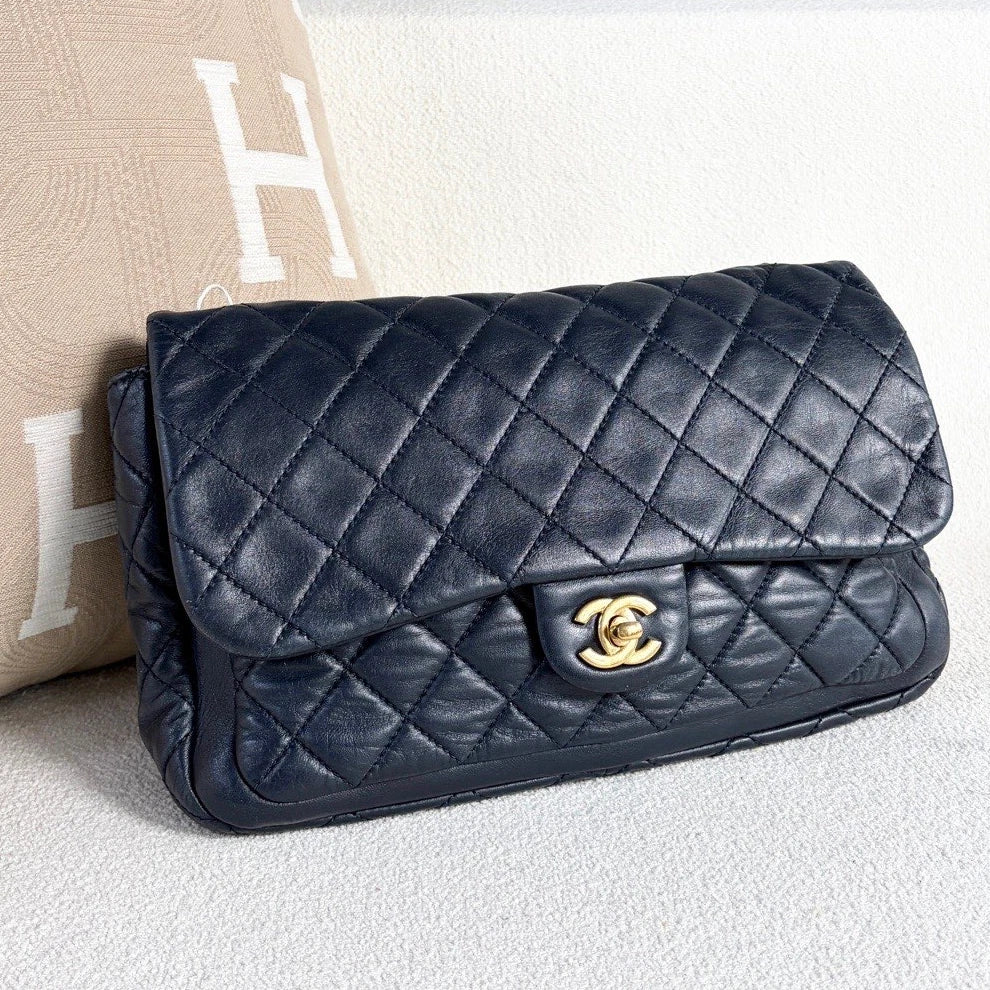 Chanel Classic Flap Chain Lambskin Shoulder Crossbody Blue Gold Women Diamond