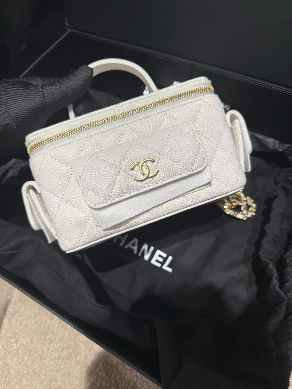 CHANEL 23 Chip Cargo Shoulder Bag White Gold Leather For Women
