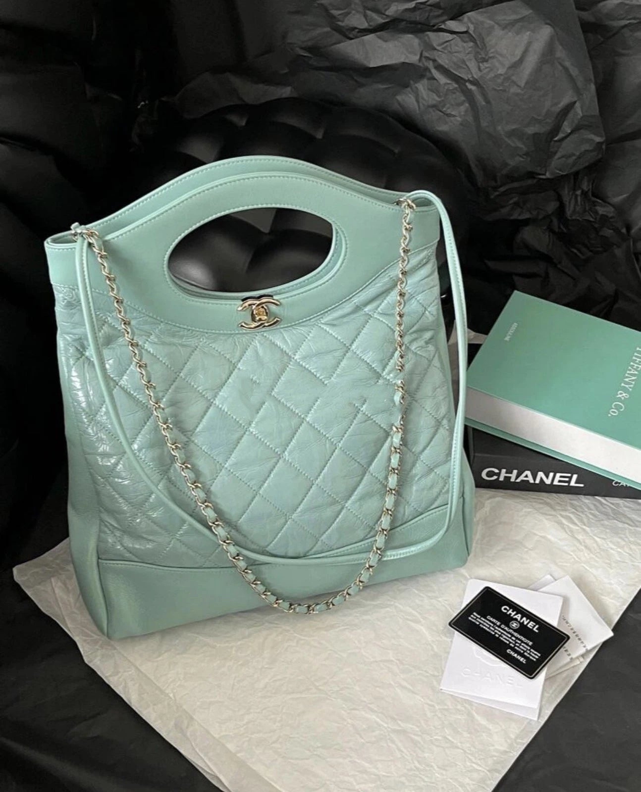 CHANEL 31Bag Small Tote Bag Tiffany Blue Green Gold Hardware Women