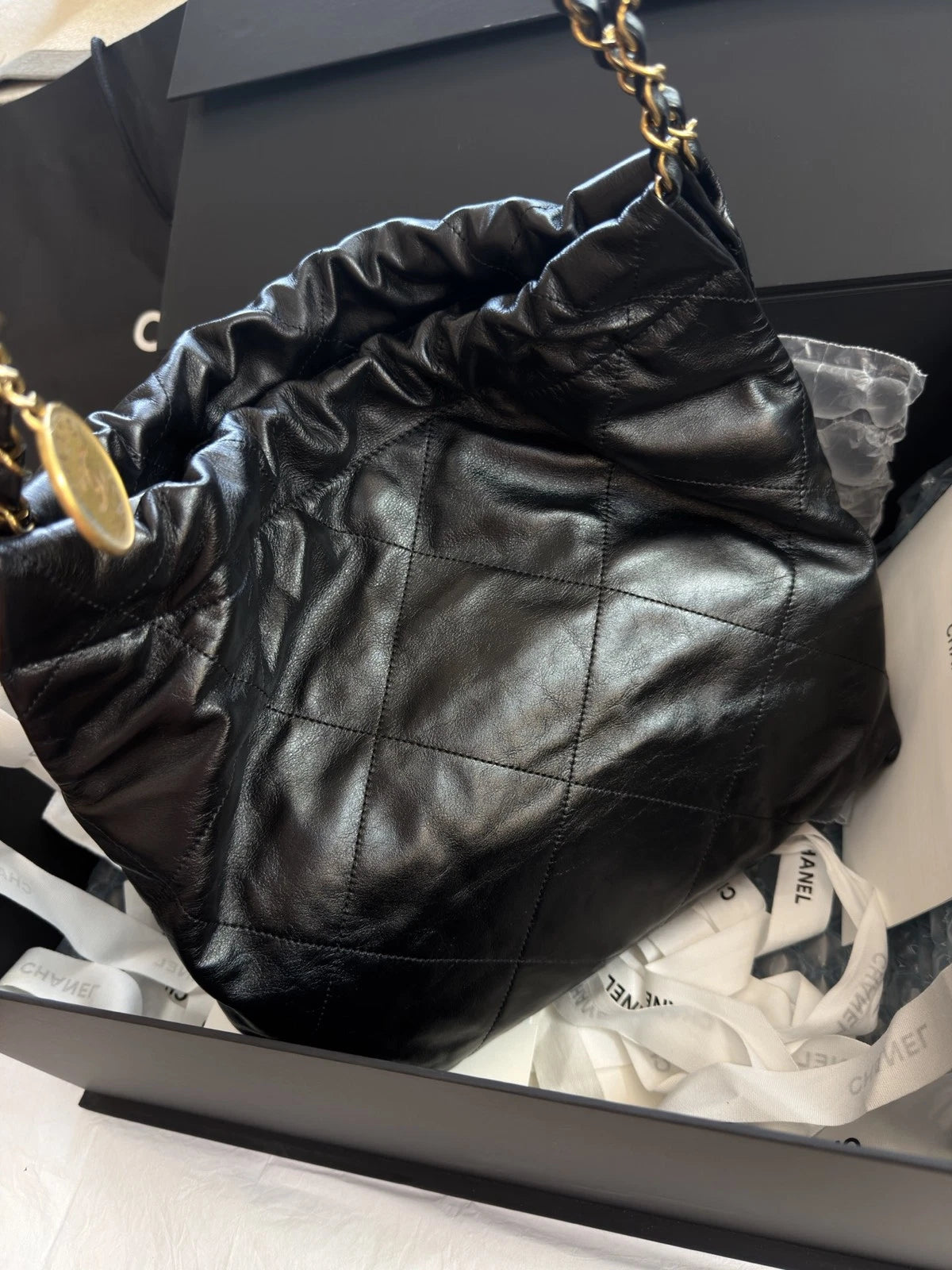 Excellent Chanel 22Bag PM Calfskin Gold Chain Black Shoulder Bag Crossbody