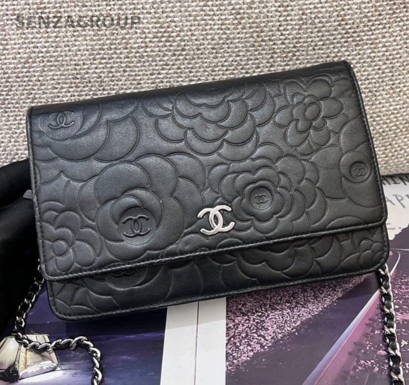 Chanel Calfskin Chain Shoulder Bag Camellia Black Silver Women Classic Fashion
