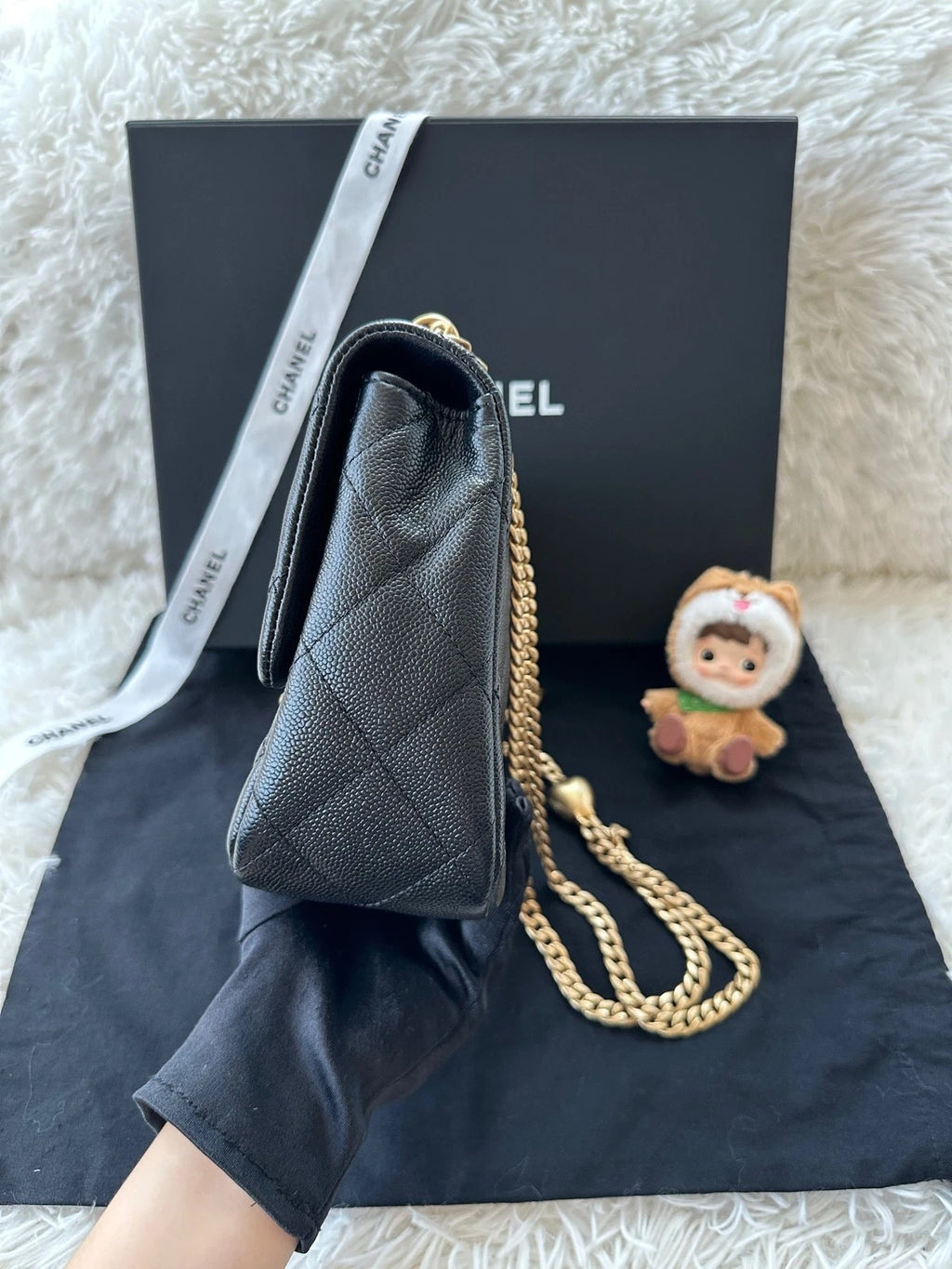 CHANEL Heart Adjustable Buckle Square Crossbody Grained Leather For Women