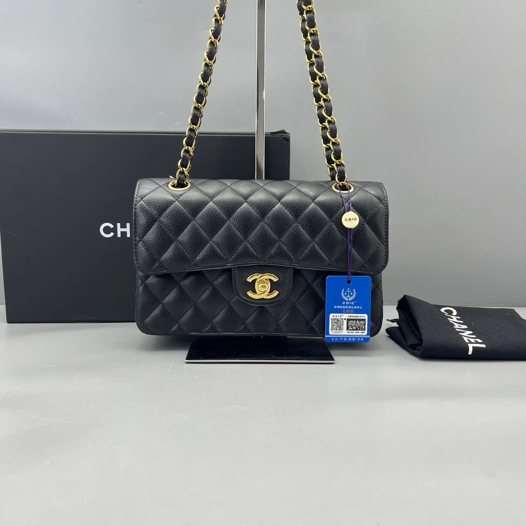 CHANEL Black Leather Classic Flap Small Shoulder Bag For Women