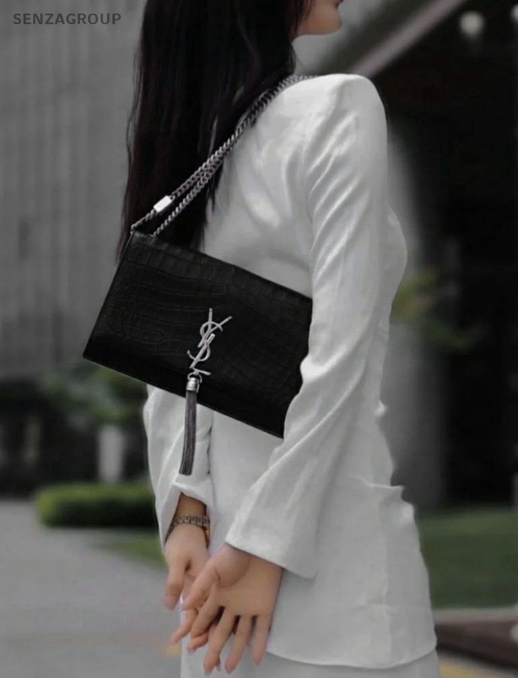 YSL Saint Laurent Kate MM Alligator pattern Chain Shoulder bag Black Silver