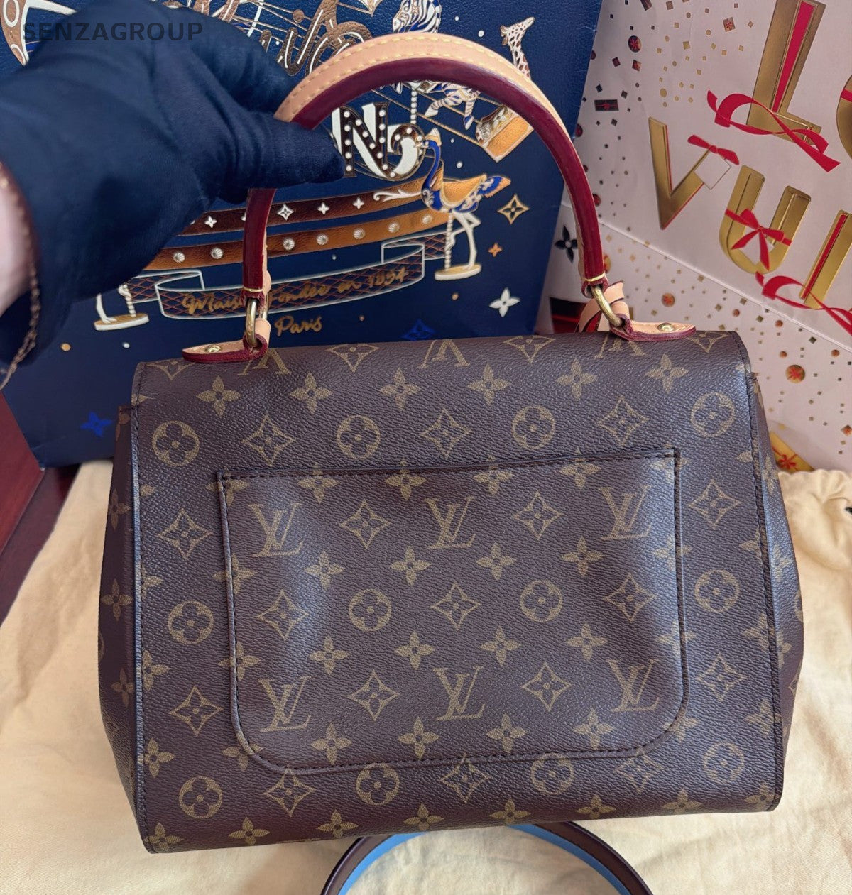 Louis Vuitton Cluny MM Top Handle Crossbody Monogram Brown Gold Women Classic