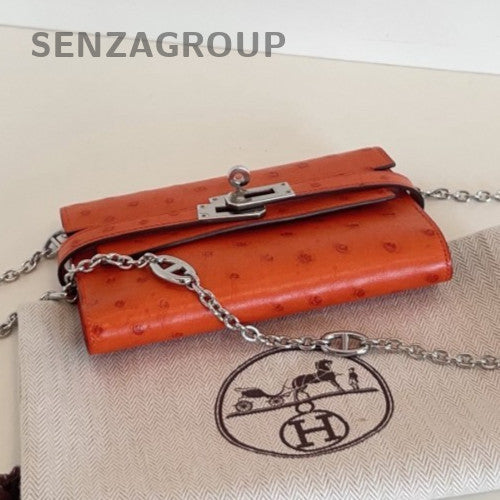 Hermes Kelly Wallet Chain Crossbody Orange Silver Used Women Classic Fashion