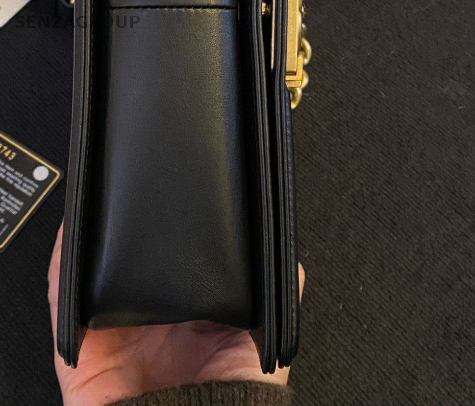 Chanel Leboy MM Calfskin Chain Shoulder Bag Crossbody Black Gold Women Classic