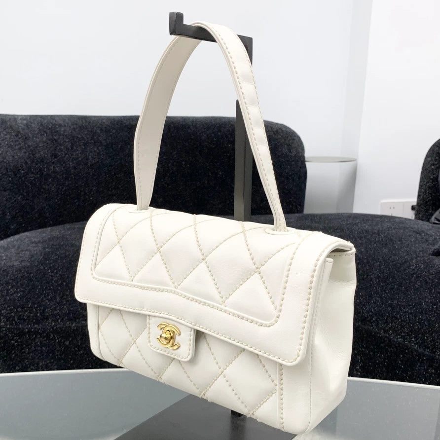 Chanel Calfskin Diamond Top Handle Shoulder Bag White Gold Hardware Women S