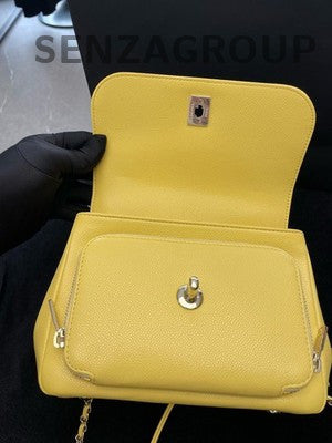 Chanel Calfskin Messenger Bag Small Yellow Gold Chain Crossbody Women Fashion