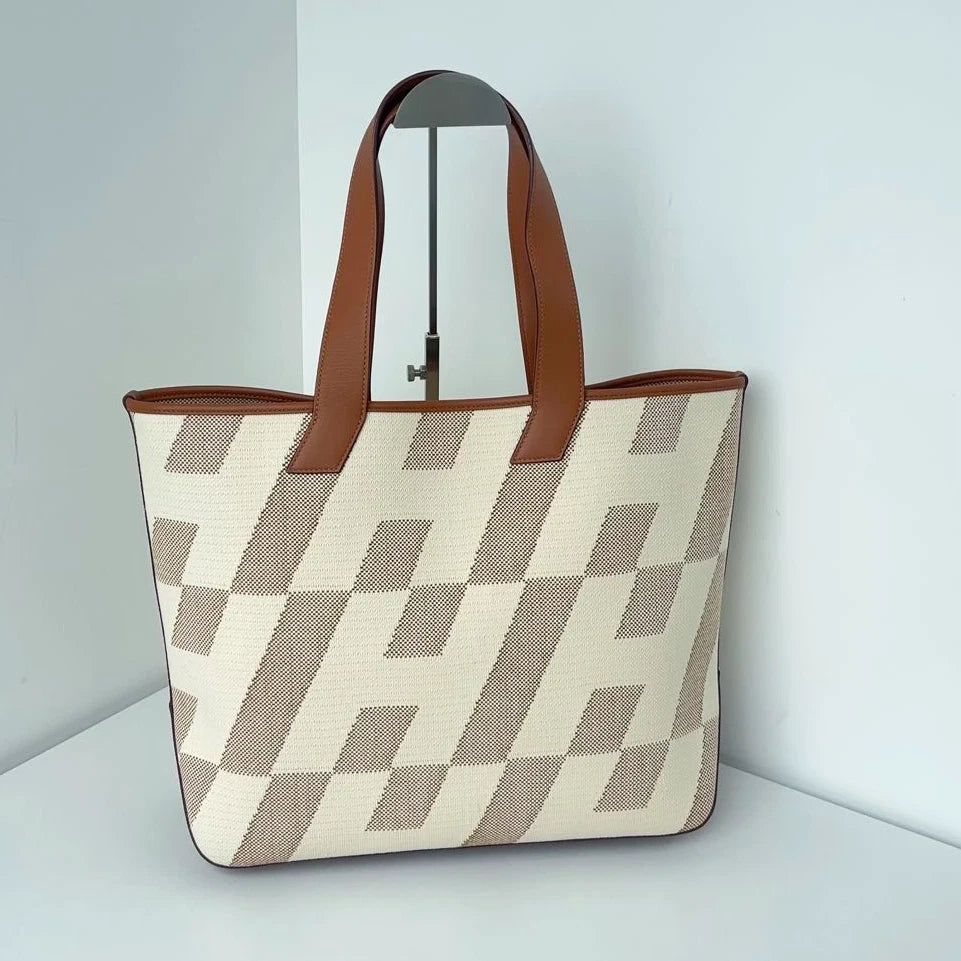 Excellent Hermes Cabas H En Biais Canvas Brown White Tote Handbag Shoulder Bag