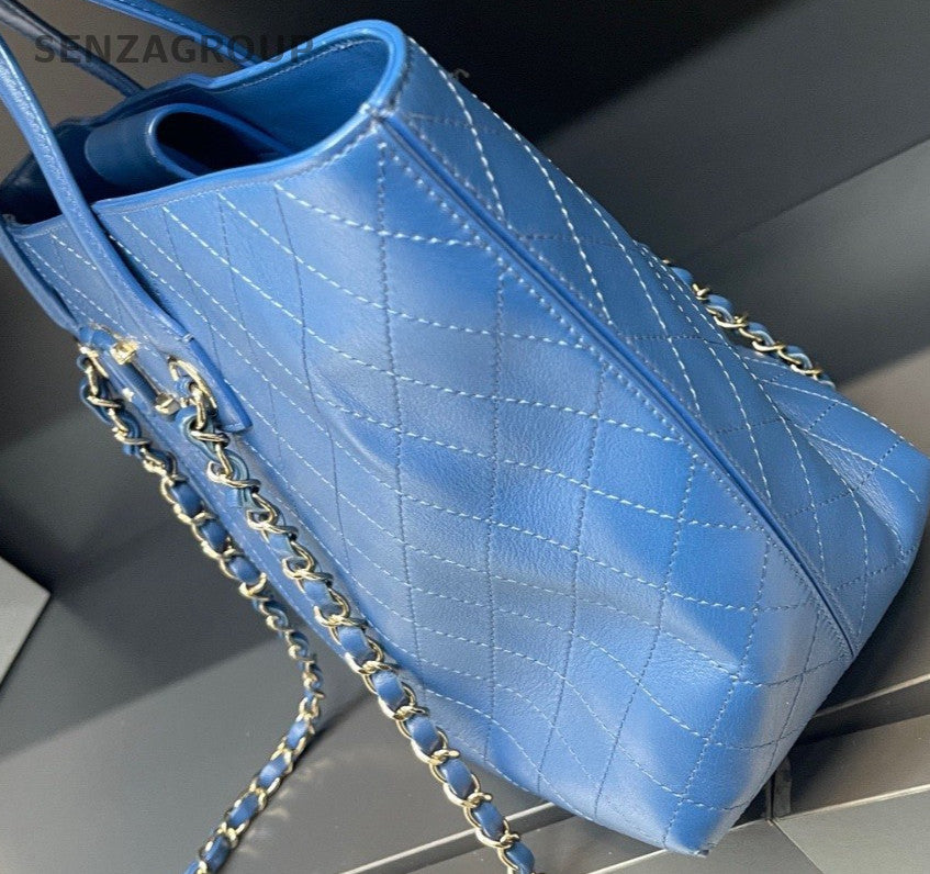 Chanel Calfskin Tote Chain Shoulder Bag Blue Silver Used Women Classic