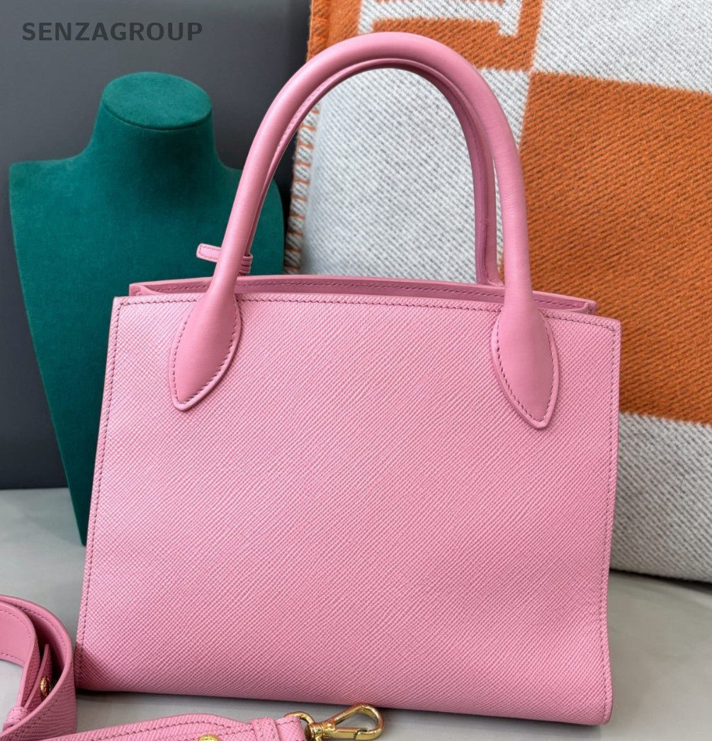Prada Monochrome Calfskin 2Way Top Handle Bag Crossbody Pink Gold Women Classic