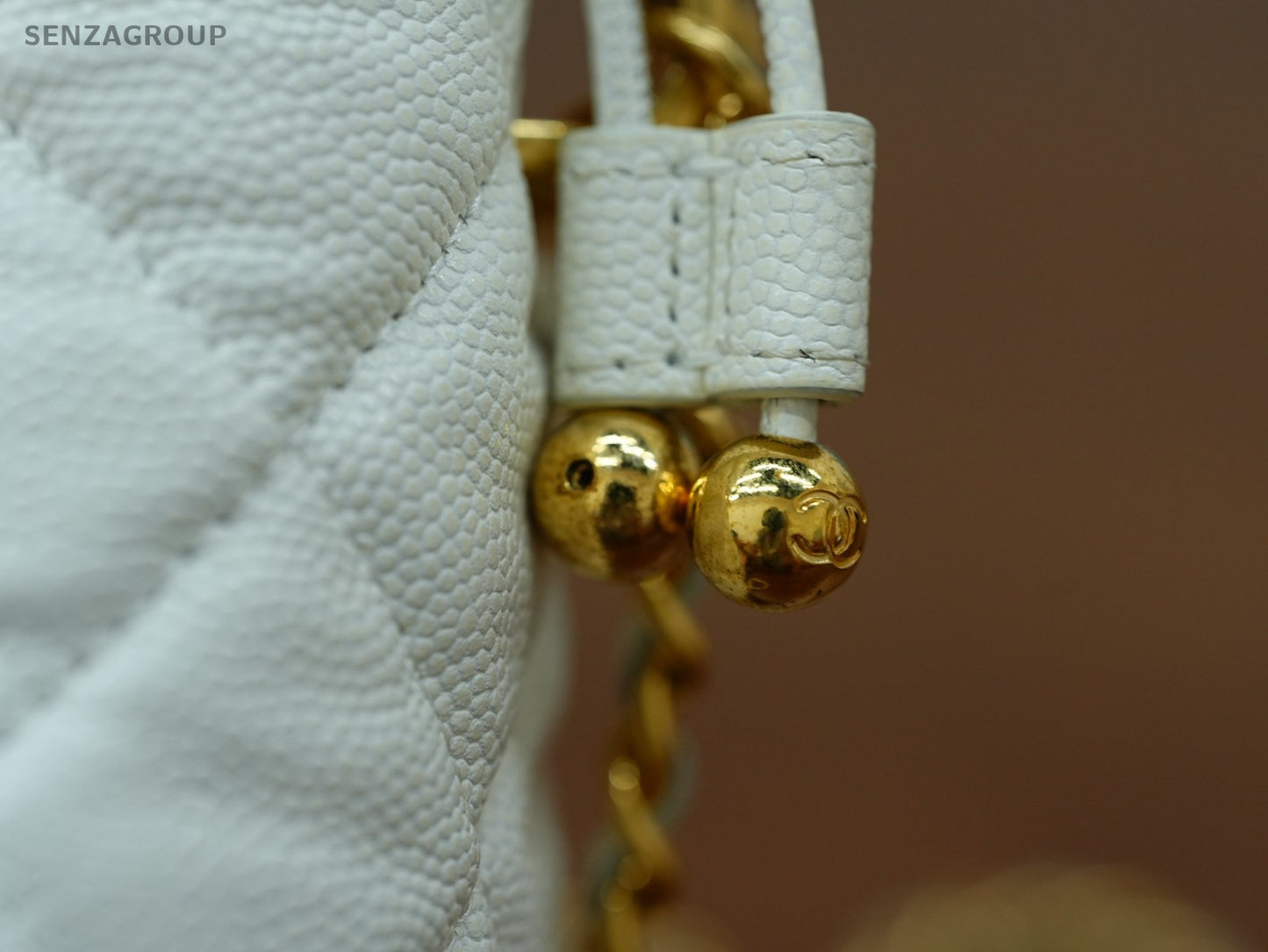 CHANEL Caviar CC Bucket mini Chain Shoulder bag Women White Gold Drawstring