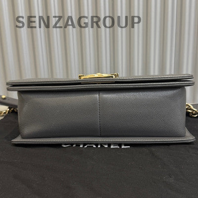 Chanel Le Boy Medium Grey Gold Hardware Calfskin Chain Shoulder Bag