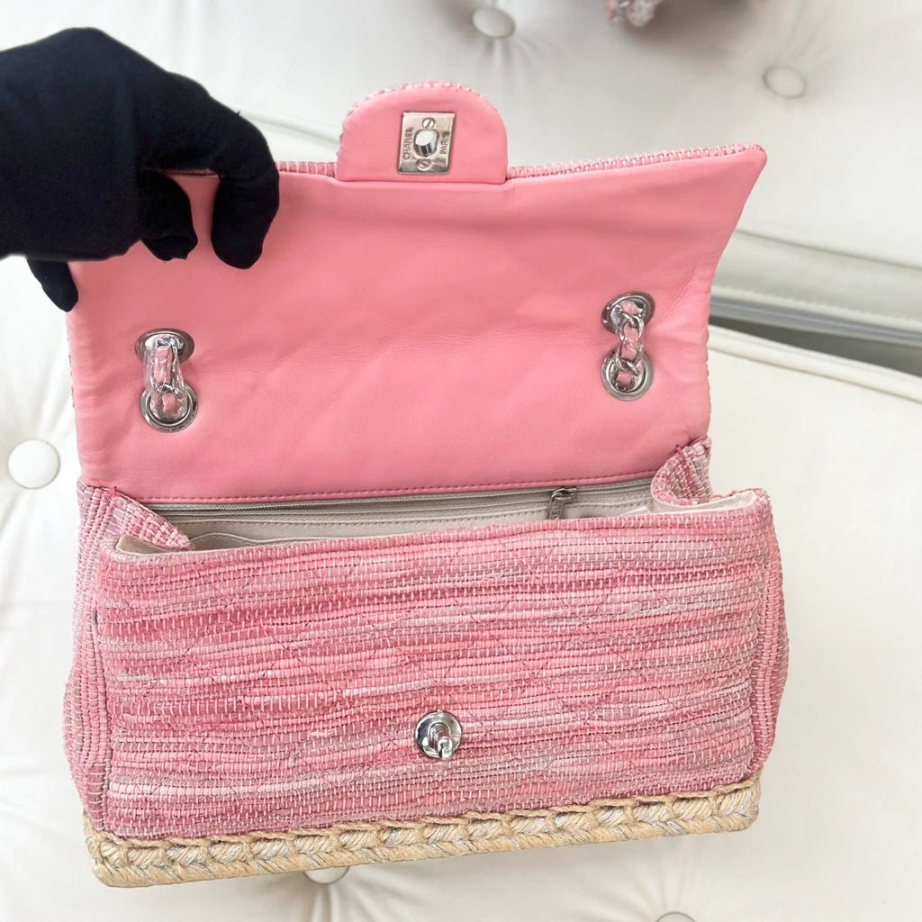 Chanel Classic Flap MM Tweed Chain Shoulder Bag Crossbody Pink Silver Women S