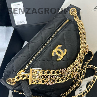 Chanel Quilted Lambskin Black Gold Chain Hobo Shoulder Bag Classic