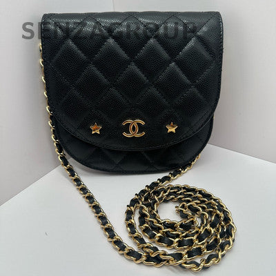 Chanel Black Caviar Leather WOC Saddle Bag Chain Strap Classic Women