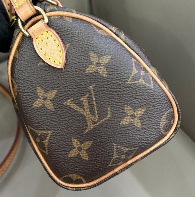 Louis Vuitton Speedy Nano Monogram Shoulder Bag Crossbody Brown Gold Used Women