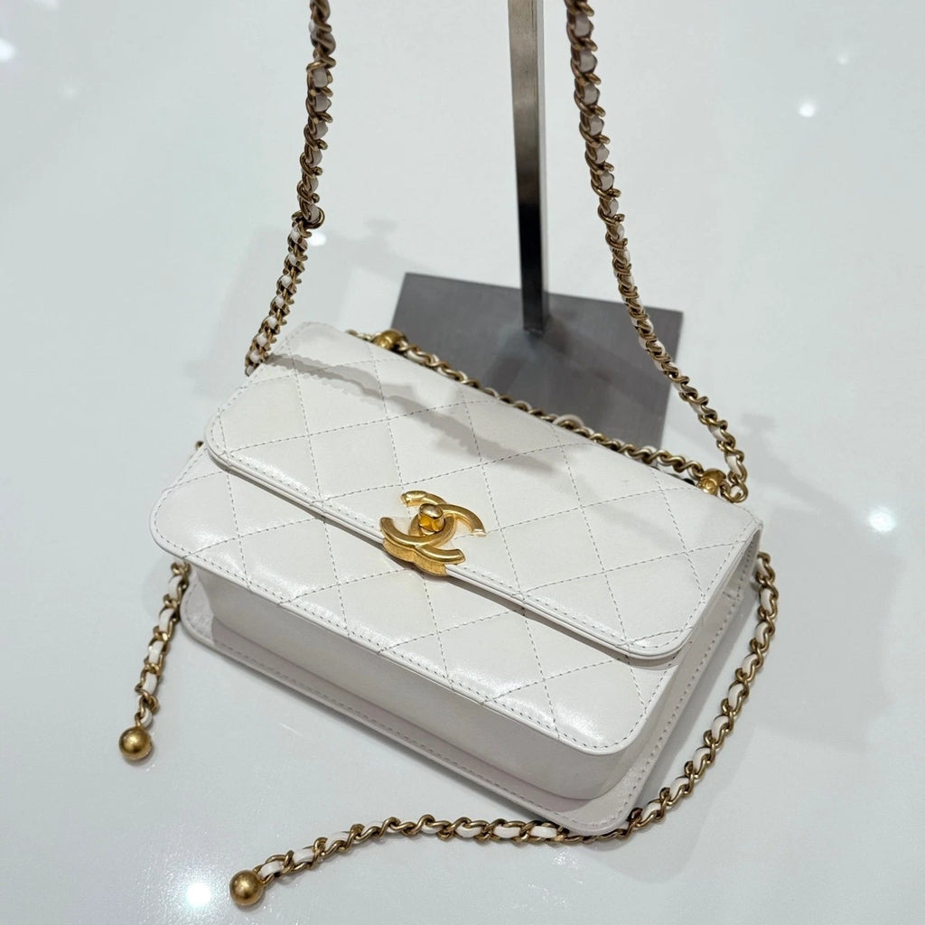 CHANEL White Leather Double Gold Ball Flap Shoulder Bag For Women